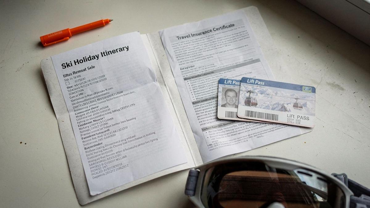 Booking folder with insurance certificate, itinerary and two lift passes on a pale desk