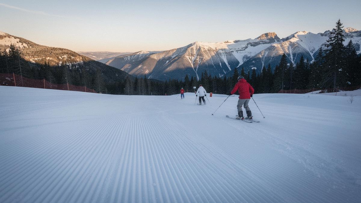 Groomed piste at first light with skiers descending towards the treeline