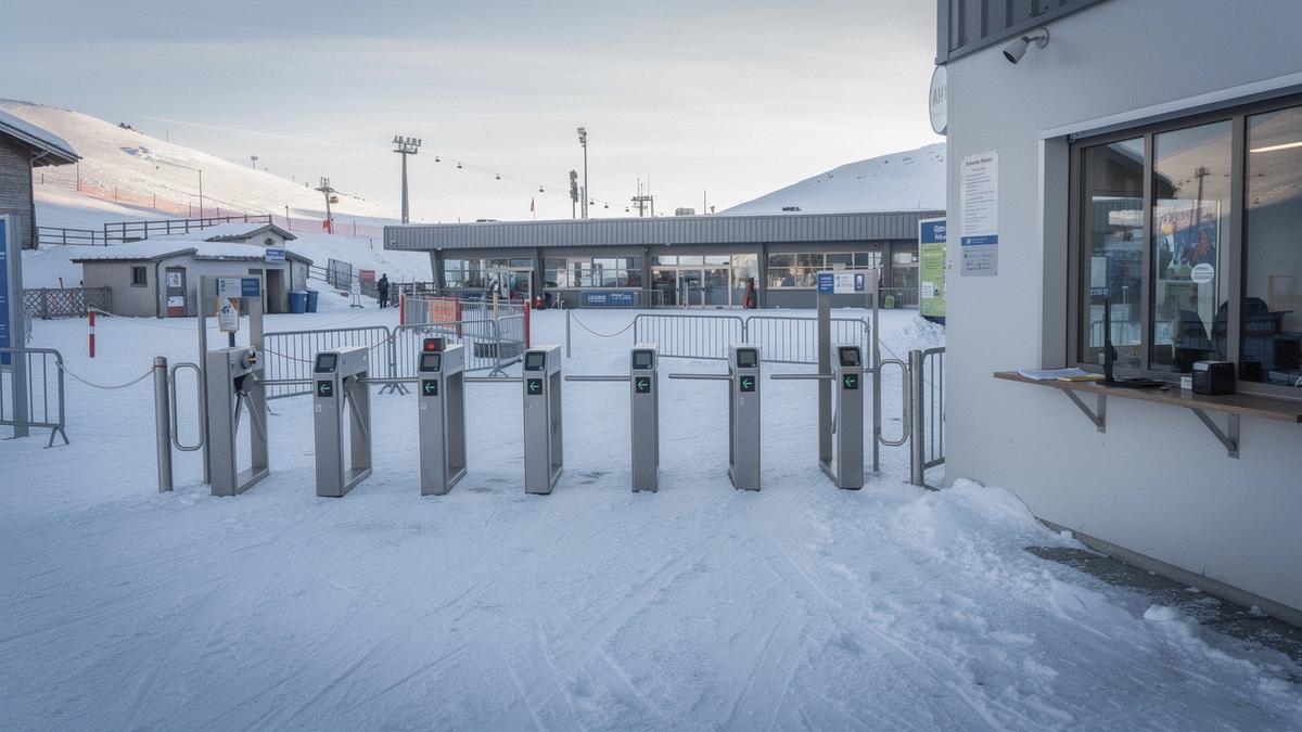 Lift pass gates at a resort base station on a clear January morning
