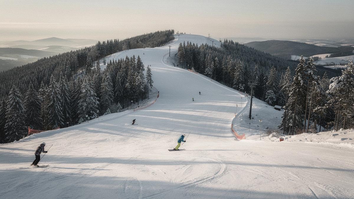 Groomed piste between pine trees on a Carpathian ridge