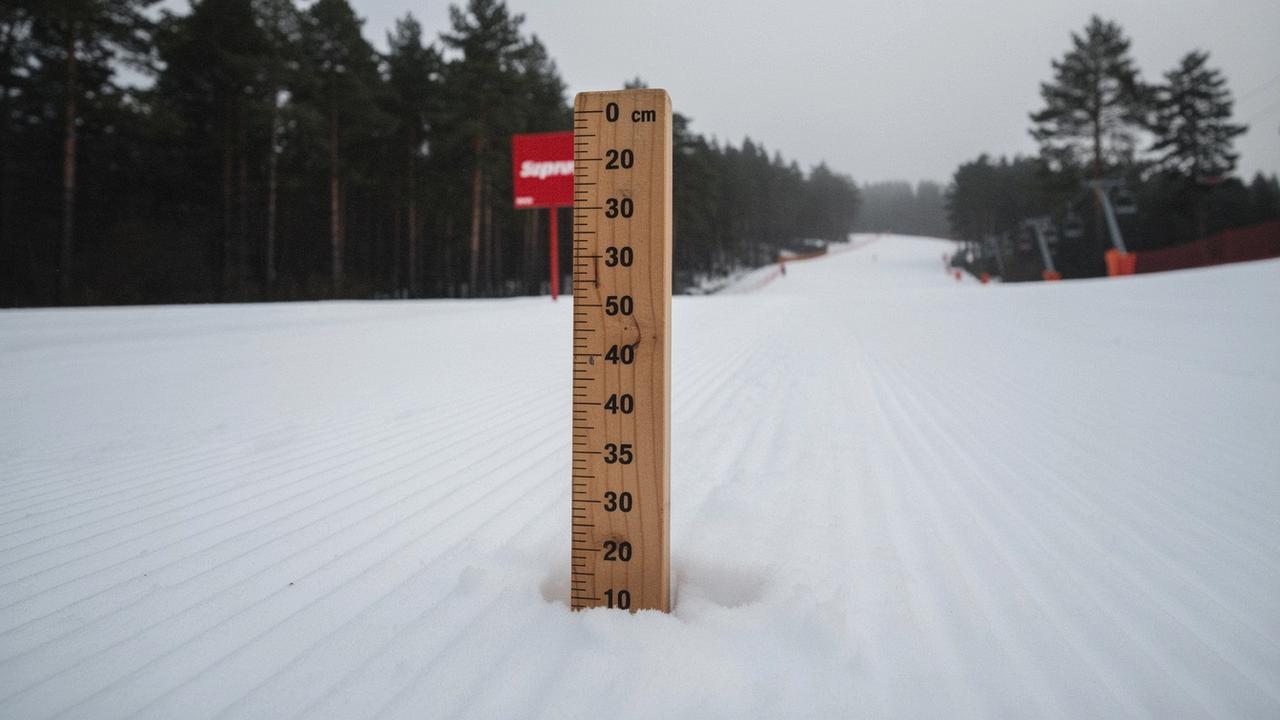 Snow depth stake marked in centimetres beside a groomed piste at a Carpathian resort
