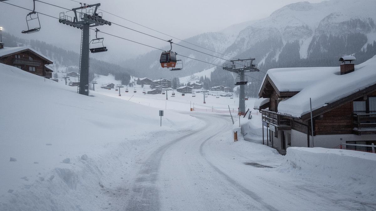 Snow-covered resort access road with a chairlift line and alpine chalets in flat morning light